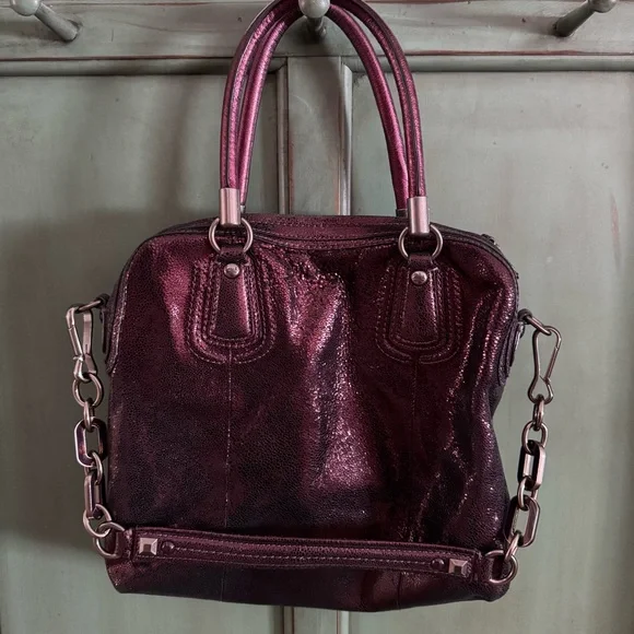 💜 ✨ COACH Kristen Satchel Metallic Purple Studded Handbag - Picture 3 of 10